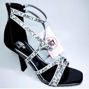 Juicy Couture Black High Heel Strappy Sandals with Silver Logo Straps - size 9.5